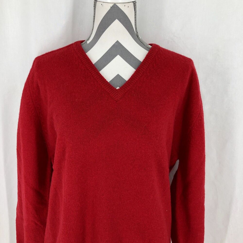 Nordstrom Red V-Neck Sweater 100% Lambswool Ribbed XL